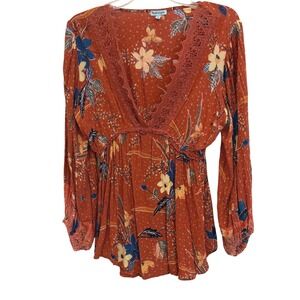 Nostalgia Rust Orange Floral Babydoll Top Crochet Lace V-Neck Boho Sz S EUC